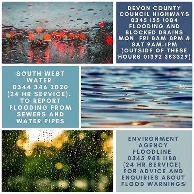 Useful Flood Contact Information with collage of images of water and rain