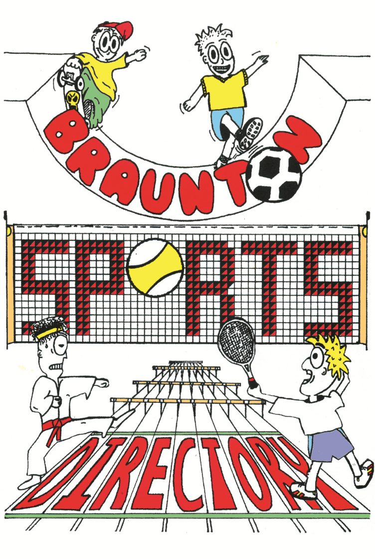 Braunton Sports Directory Cover with cartoons of children playing sports