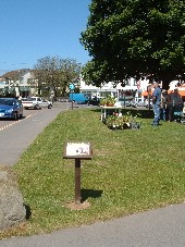 Village Green, grass with small sign and charity stall